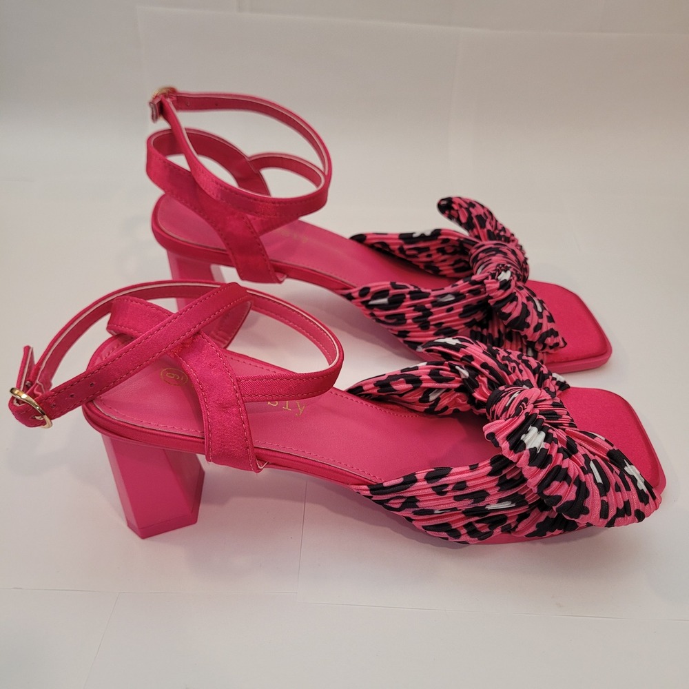 Sexrosly Block Heel Sandals Womens‎ 9 Pink Leopard Bow Ankle Strap New - Picture 2 of 8
